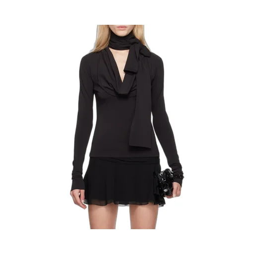 V-Neck Long-Sleeved Gathered-Tie Top