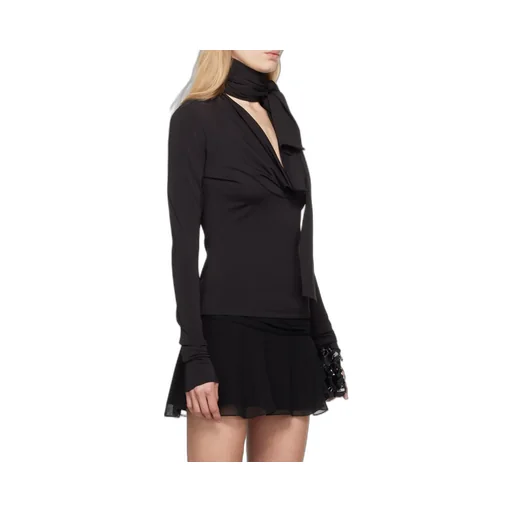 V-Neck Long-Sleeved Gathered-Tie Top