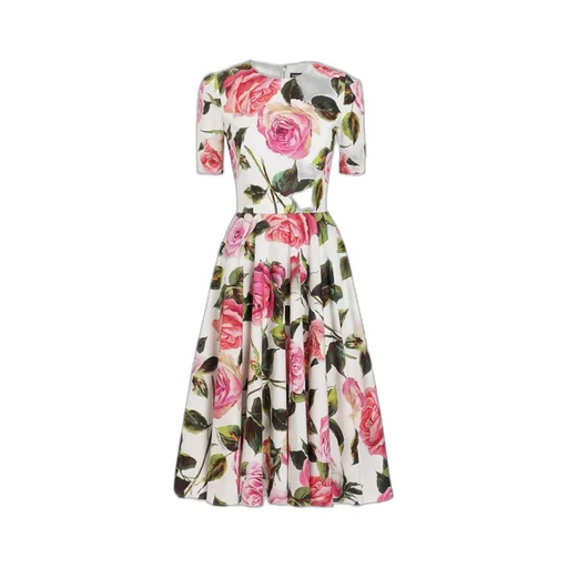 Rose Printed Calf-Length Babydoll Dress