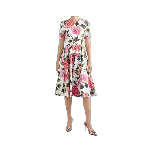 Rose Printed Calf-Length Babydoll Dress