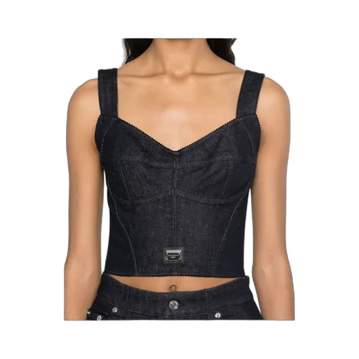 Logo Plaque Denim Corset Top