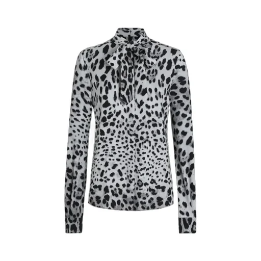 Leopard Printed Pussy-Bow Charmeuse Shirt