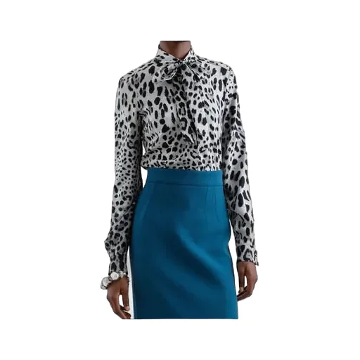 Leopard Printed Pussy-Bow Charmeuse Shirt