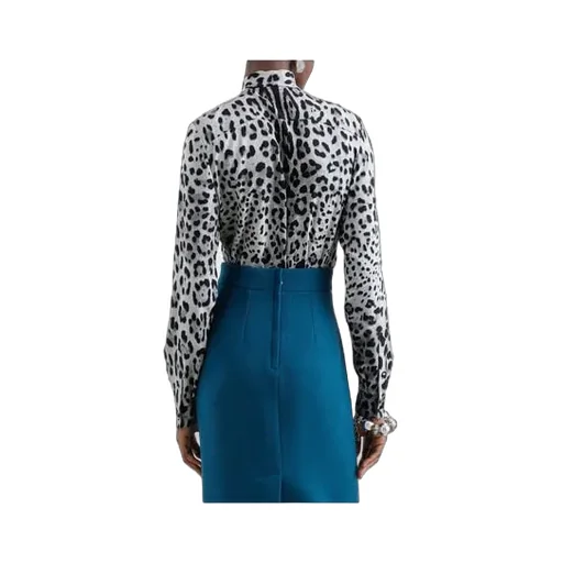 Leopard Printed Pussy-Bow Charmeuse Shirt