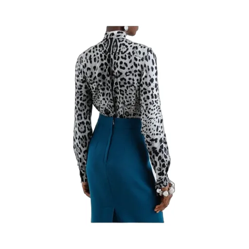 Leopard Printed Pussy-Bow Charmeuse Shirt