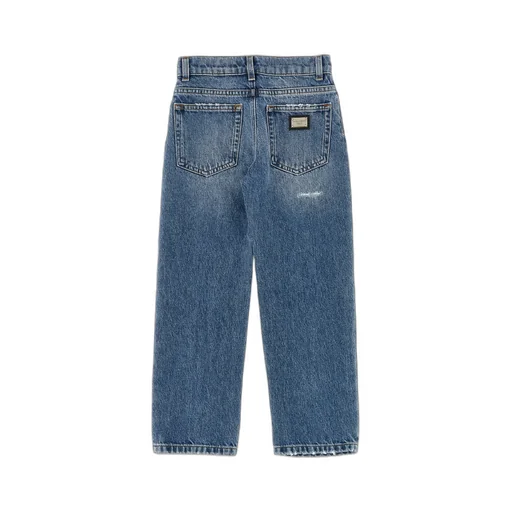 Logo-Plaque Wide-Leg Distressed Jeans