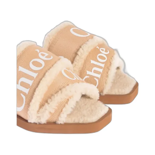 Woody Flat Sandals Large Straps Tan Shearling
