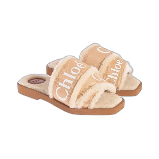 Woody Flat Sandals Large Straps Tan Shearling