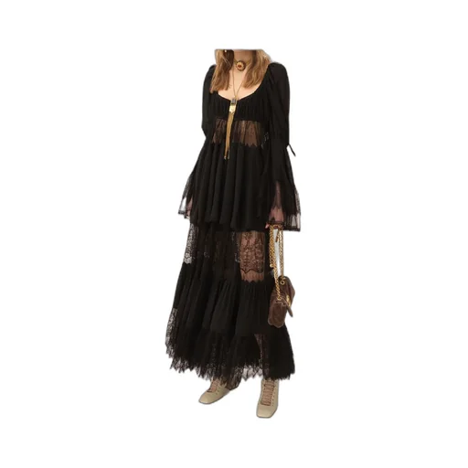Tiered Lace-Trimmed Maxi Skirt
