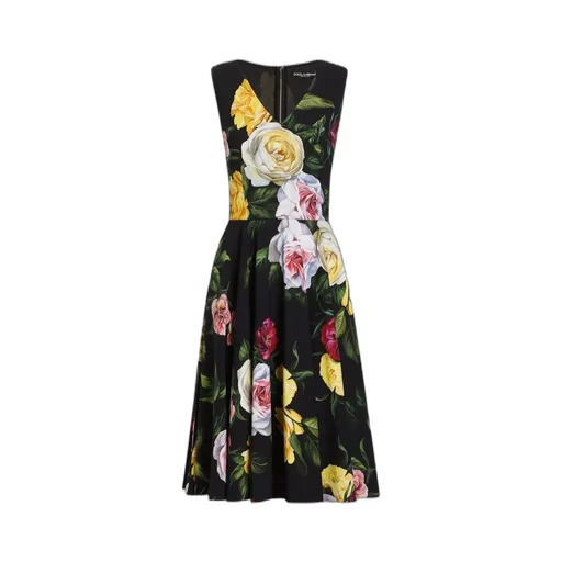 Floral Printed Cady Calf-Length Dress