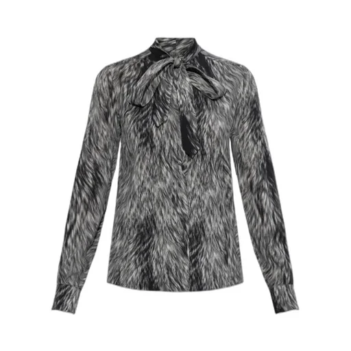 Fur Printed Pussy-Bow Charmeuse Shirt