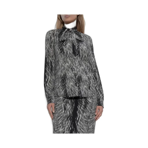 Fur Printed Pussy-Bow Charmeuse Shirt