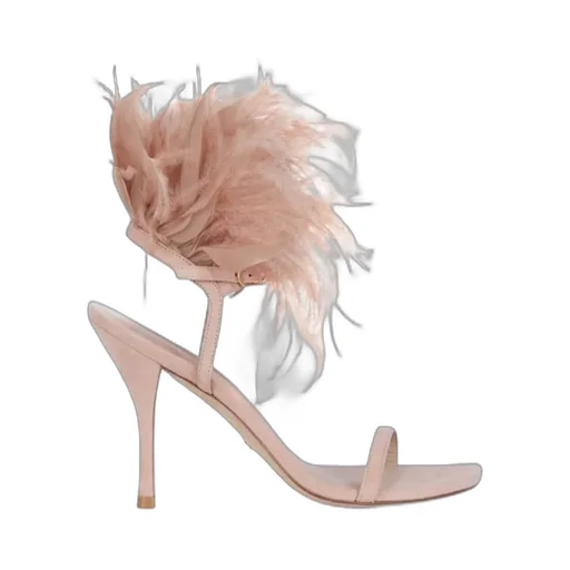 Feather-Decorated High-Heeled Sandals