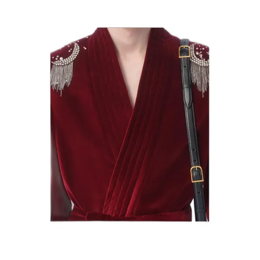 Cotton Velvet Belt Jacket With Rhinestone And Bead Embroidery