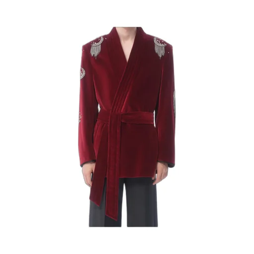 Cotton Velvet Belt Jacket With Rhinestone And Bead Embroidery