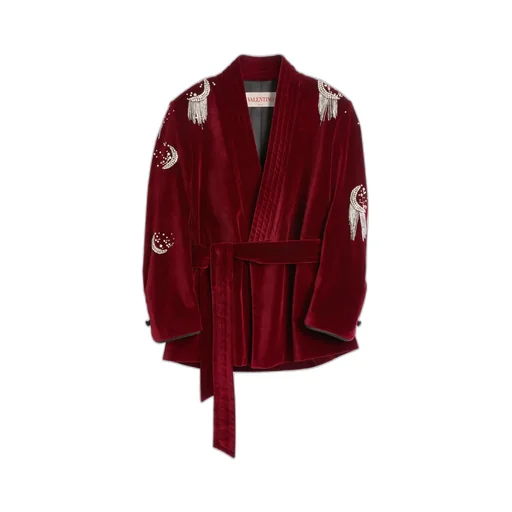 Cotton Velvet Belt Jacket With Rhinestone And Bead Embroidery