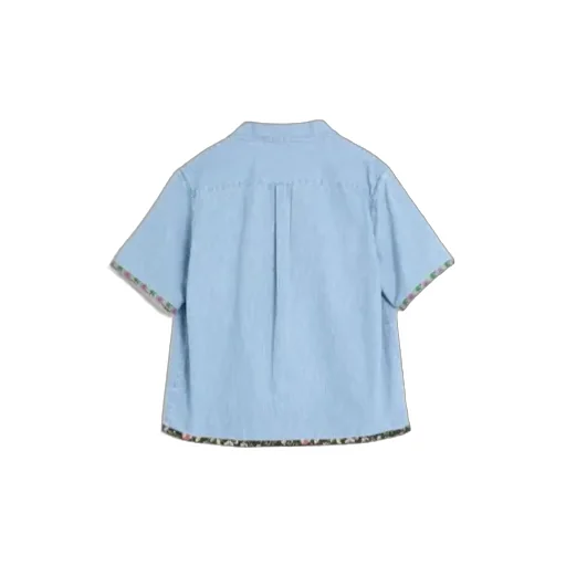 Floral Trim Button-Up Denim Shirt