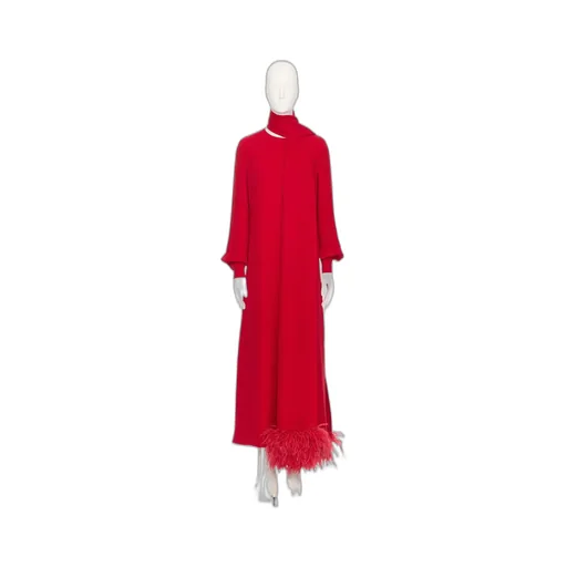 Feather-Trim Long-Sleeved Dress