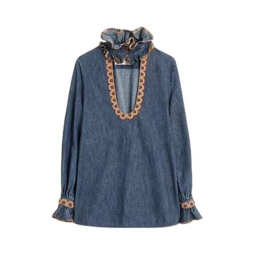 Ruffled Long-Sleeved Denim Top