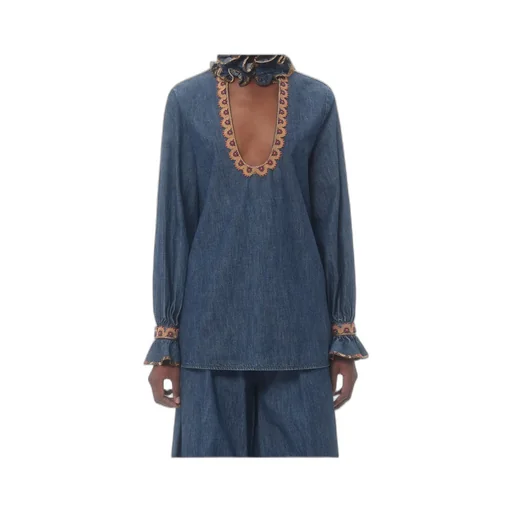 Ruffled Long-Sleeved Denim Top