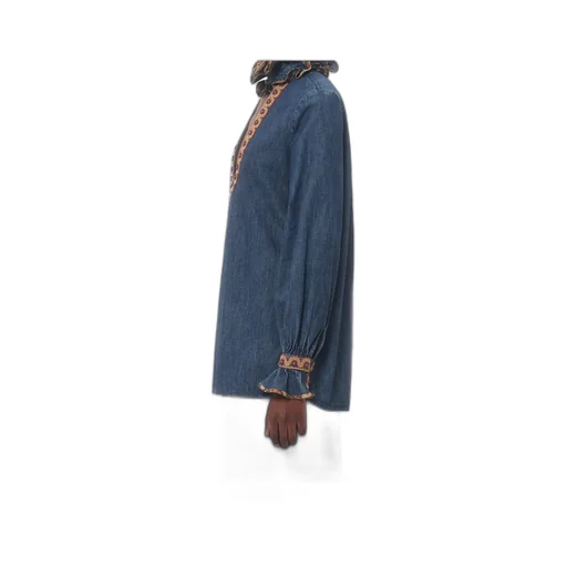 Ruffled Long-Sleeved Denim Top
