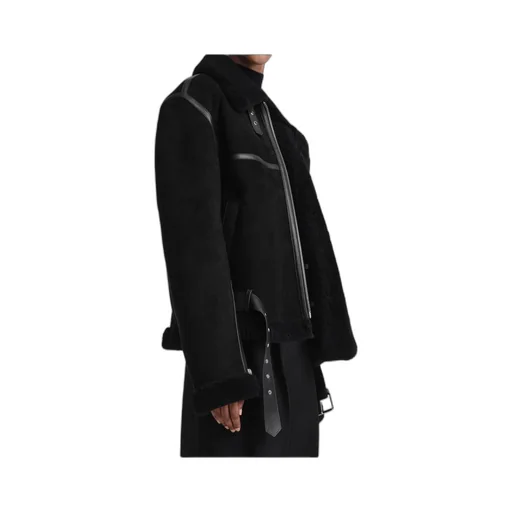 Shearling-Trim Zip-Up Suede Jacket