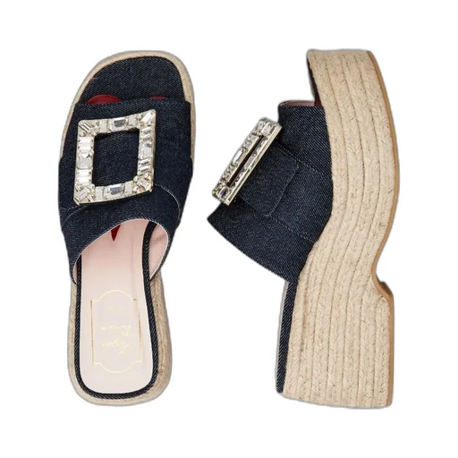Strass Buckle Espadrille Platform Mule In Denim