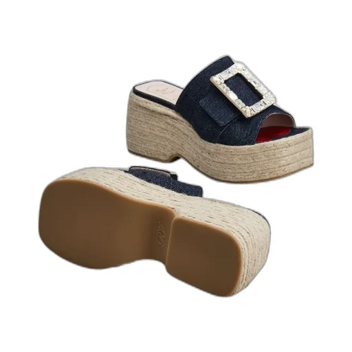 Strass Buckle Espadrille Platform Mule In Denim