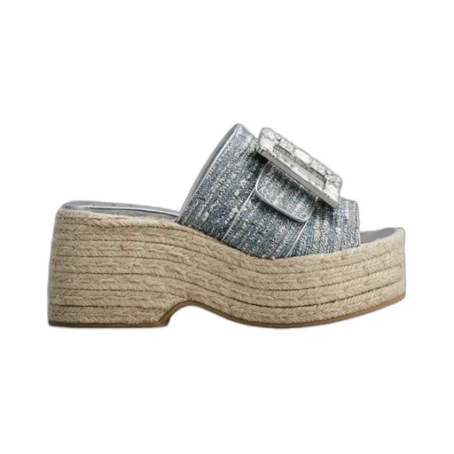 Strass Buckle Platform Espadrilles Mules In Fabrics