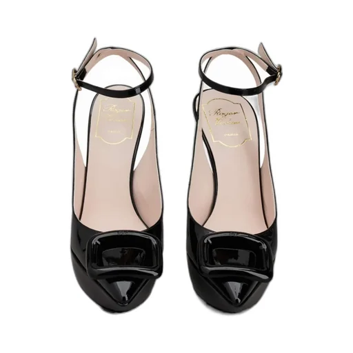 Viv' Choc Lacquered Buckle Slingback Pumps