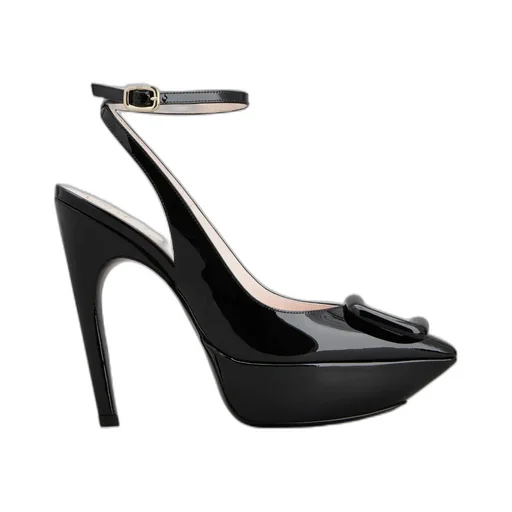 Viv' Choc Lacquered Buckle Slingback Pumps