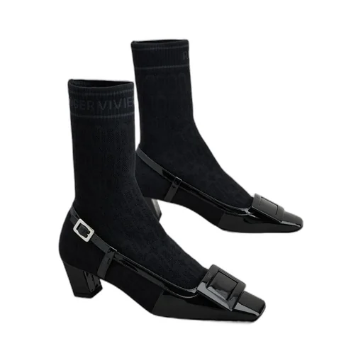 Belle Vivier Sock Lacquered Buckle Ankle Boots