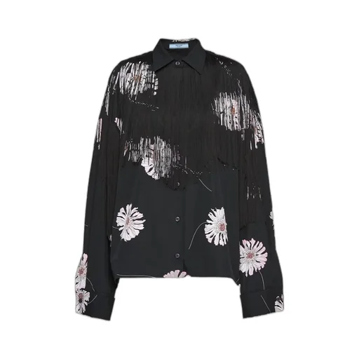 Rose-Printed Long-Sleeved Fringed Shirt