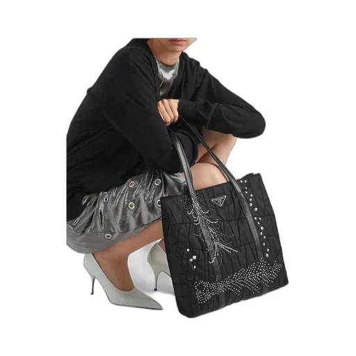 Medium Re-Nylon Patchwork Tote Bag With Embroidery