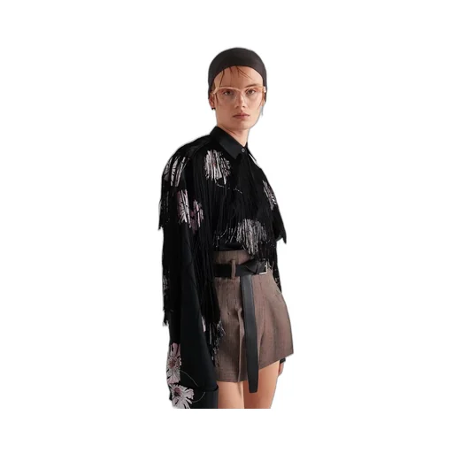 Rose-Printed Long-Sleeved Fringed Shirt