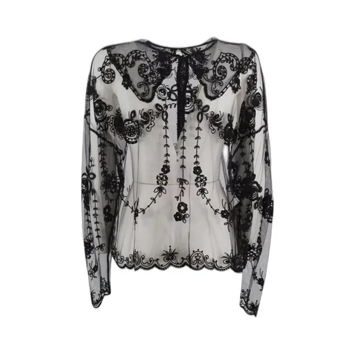 Sheer Mesh Top With Floral Embroidery