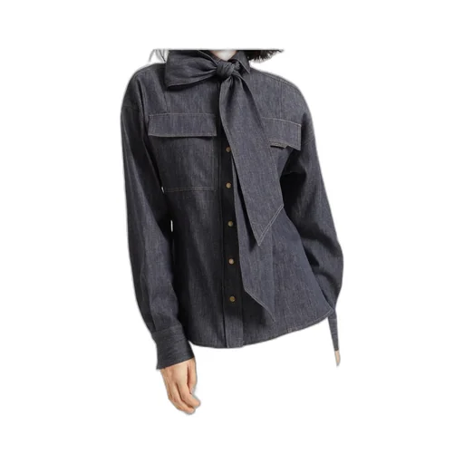 Lightweight No-Fade Denim Pussybow Shirt