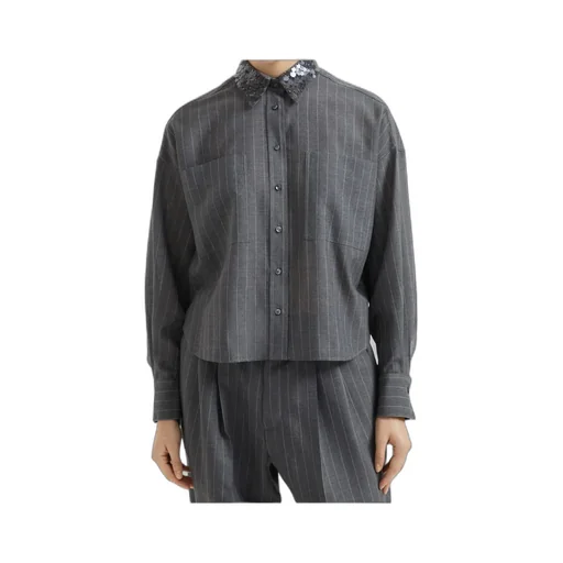 Embellished-Collar Striped Long-Sleeved Shirt