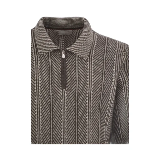 Herringbone-Pattern Zipped Polo Shirt