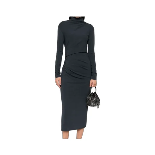 High-Neck Gathered Midi Dress