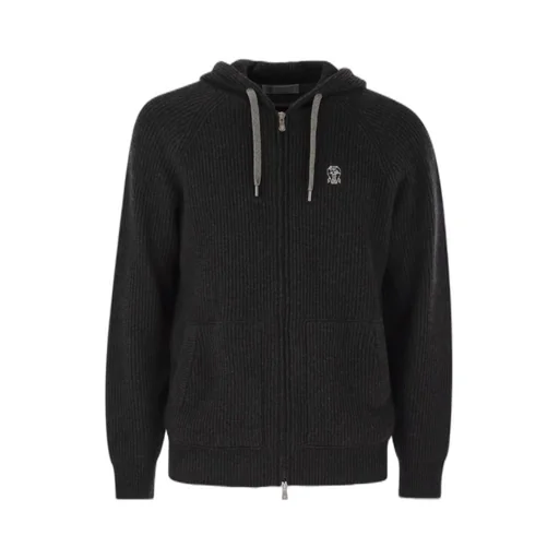 Logo Embroidered Zipped English Rib Knit Hooded Sweatshirt