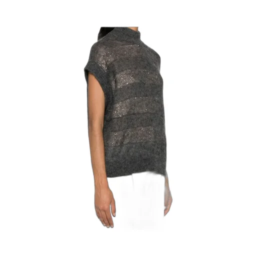 Sequin-Embellished High-Neck Striped Vest
