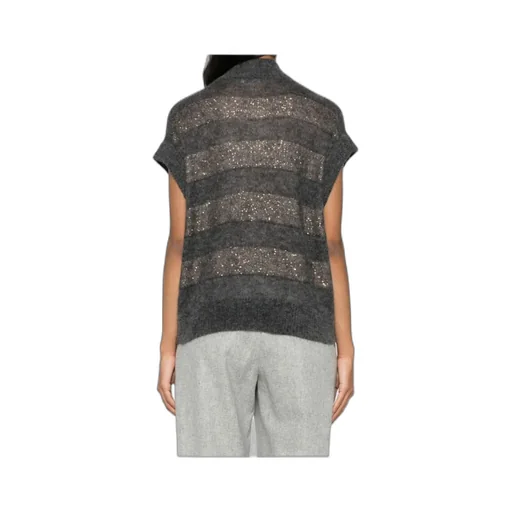 Sequin-Embellished High-Neck Striped Vest