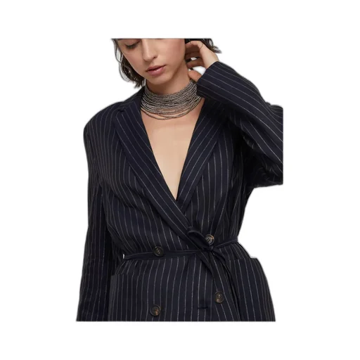 Pinstripe-Pattern Double Breasted Belted Blazer
