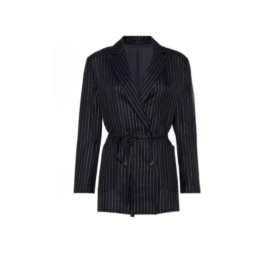 Pinstripe-Pattern Double Breasted Belted Blazer