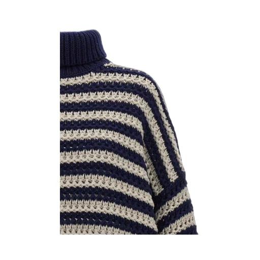 Open-Knitted Striped Roll-Neck Jumper