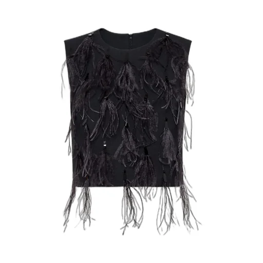 Feather Detailed Sleeveless Crewneck Top