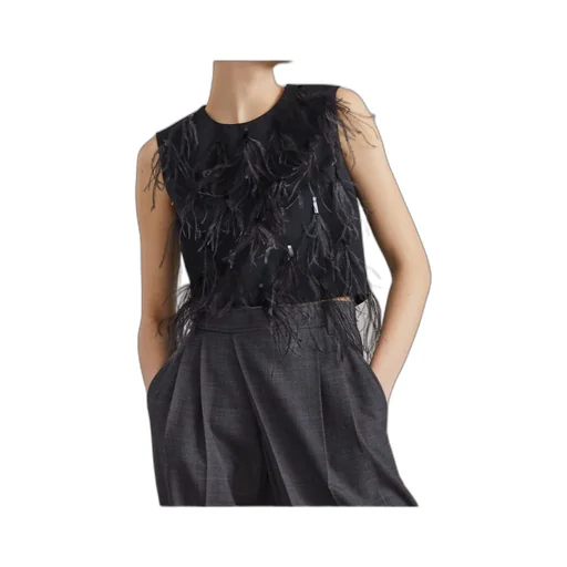 Feather Detailed Sleeveless Crewneck Top