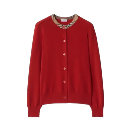 Checked-Neck Buttoned Knitted Cardigan