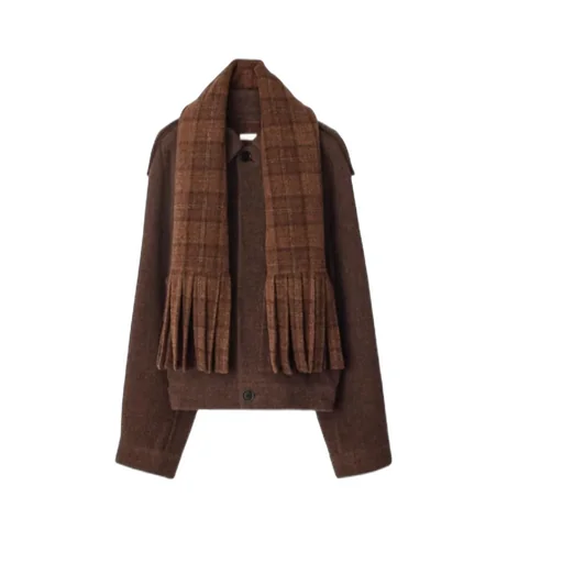 Detachable Checked Fringed Scarf Jacket